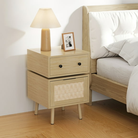 Bonzy Home Nightstand, Rotating Bedside Table with Woven Doors, Rattan Bedside Table with Storage for Bedroom, Living Room