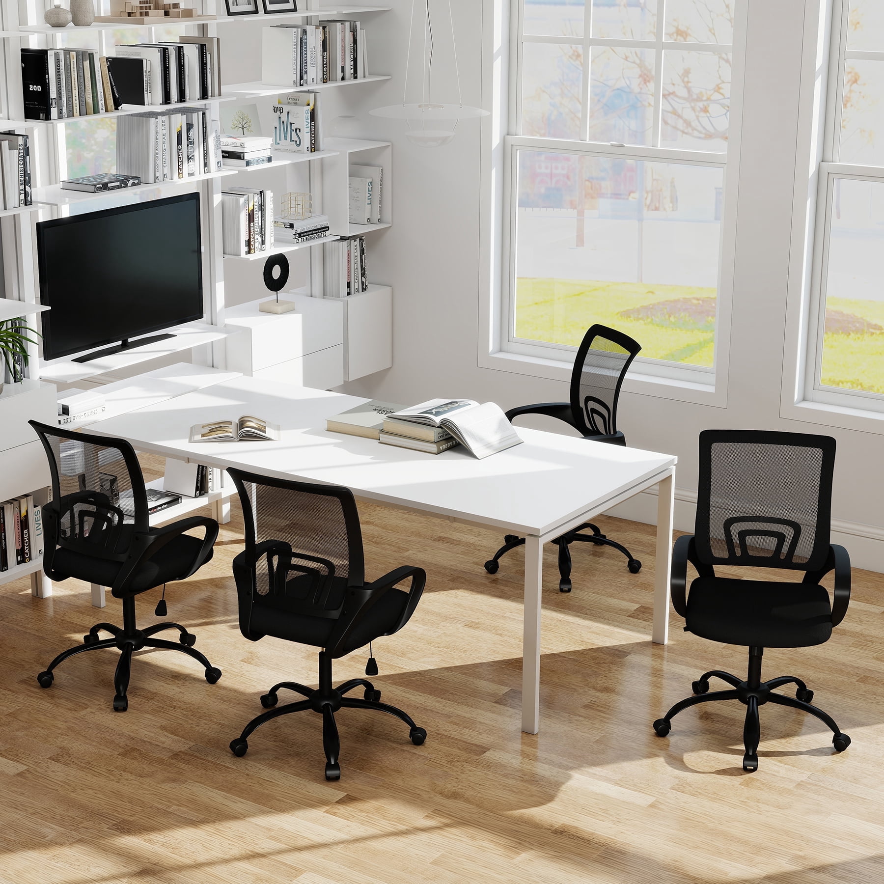 Bonzy Home Ergonomic Home Office Chairs Set of 4 with Adjustable Height and Lumbar Support, 360° Swivel Mesh Computer Desk Chair with Wheels & Armrests, Black