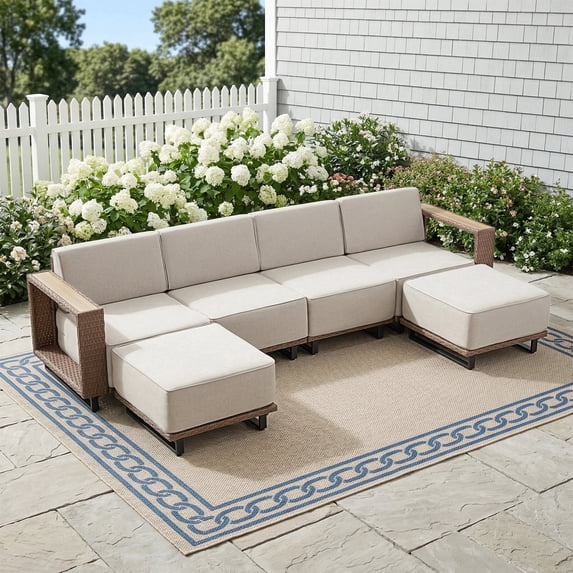 Bonzy Home Outdoor Wicker Sofa Set, Rattan Patio Conversation Sets - 4 Seater L-Shaped Wicker Sofa with Thick Cushions, Corner Seating and 2 Ottomans, Beige