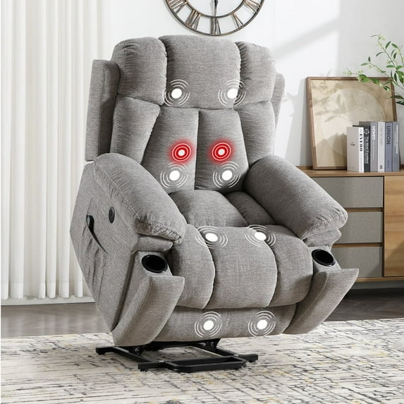 Bonzy Home Oversized Power Lift Recliner — Electric Lift Chair with Massage & Lumbar Heat, USB Port, Cup Holders & Side Pockets, Light Gray