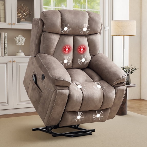 Bonzy Home Oversized Power Lift Recliner — Electric Lift Chair with Massage & Lumbar Heat, USB Port, Cup Holders & Side Pockets, Brown