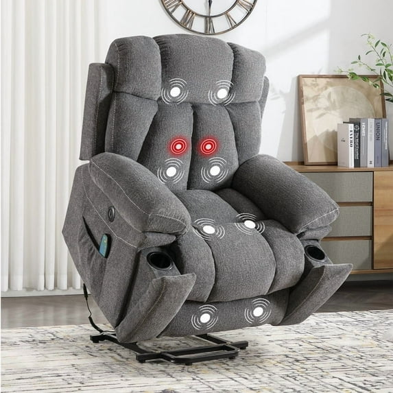 Bonzy Home Oversized Power Lift Recliner — Electric Lift Chair with Massage & Lumbar Heat, USB Port, Cup Holders & Side Pockets, Gray