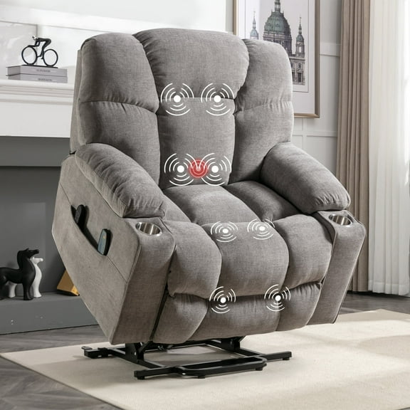 Bonzy Home Oversized Power Lift Recliner,Elderly Lift Chair with Heat Therapy and Massage Function,Remote Control,Side Pocket,Living Room, Ashy