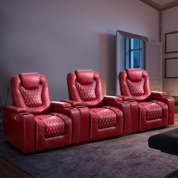 Bonzy Home Overstuffed Power Electric Home Theater Seating PU Leather Reclining Furniture with with USB Ports and Cup Holders and Hidden Arm Storage - Red