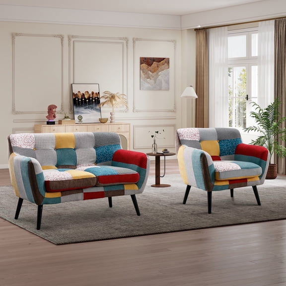 Bonzy Home Patchwork Accent Chair, Mid-Century Colourful Sofa Chair for Livingroom, Bedroom, Office, Study and Reading Room