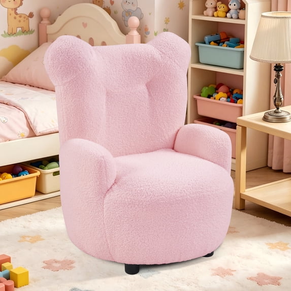 Bonzy Home Pink Bear Ear Kids Armchair, Teddy Fleece Upholstered Reading Sofa Chair, Thick Cushion Small Lounge Accent Chair for Bedroom Nursery Living Room