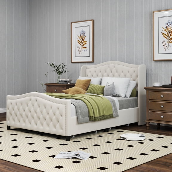 Bonzy Home Full Size Velvet Upholstered Platform Bed Frame, Scroll Wingback Headboard, Button Tufted, Storage, Easy Assembly, Cream