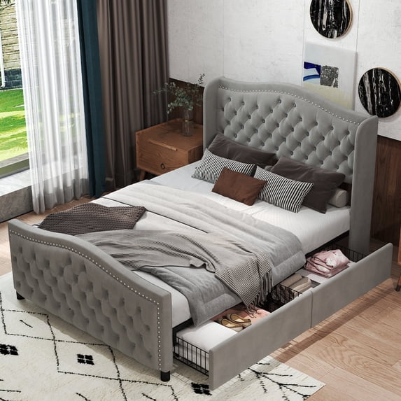 Bonzy Home Platform Bed Frame Full Size Velvet Upholstered Sleigh Bed with Scroll Wingback Headboard & Footboard/Button Tufted with Storage Easy Assembly Gray