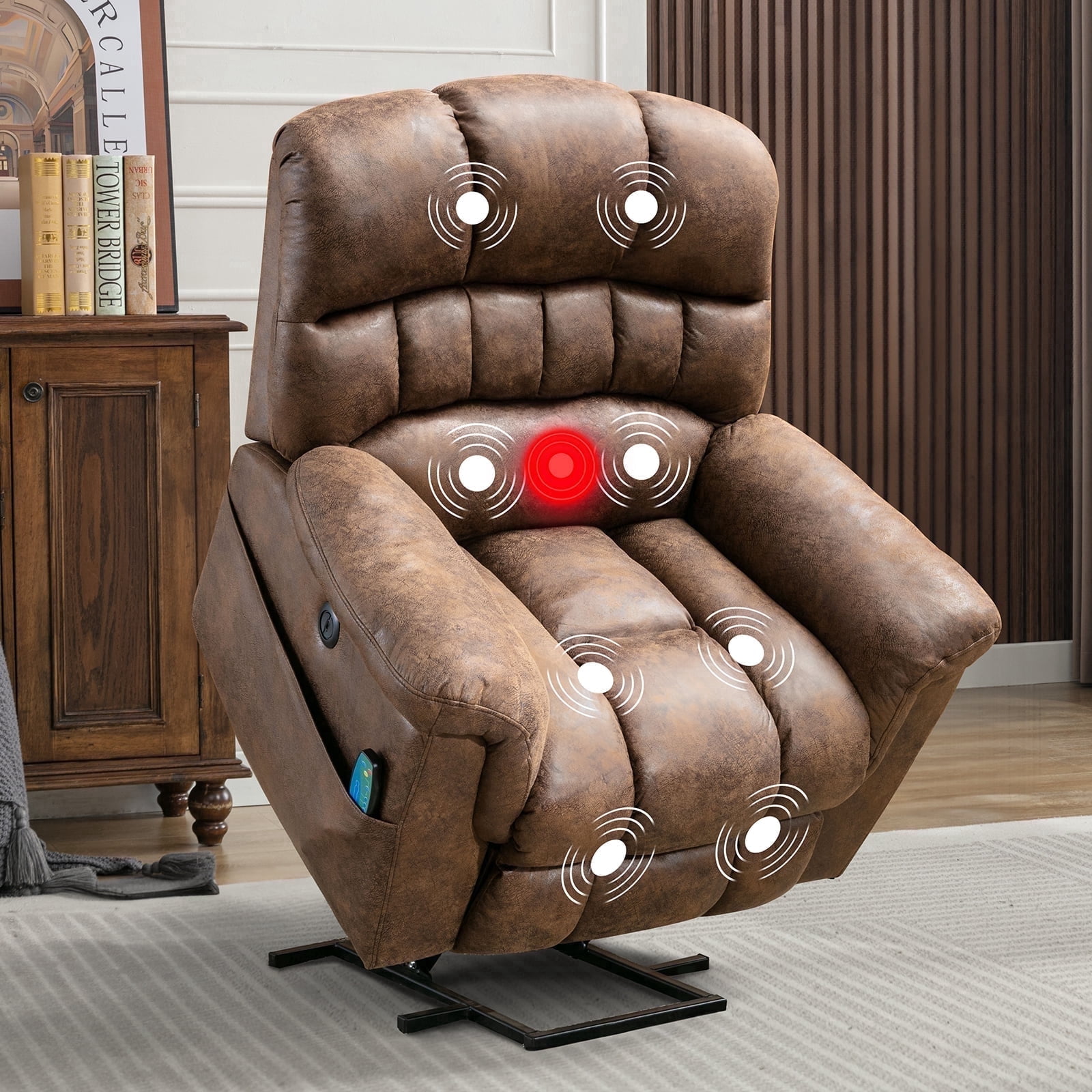 Bonzy Home Power Lift Chair Recliner for Elderly, Suede Fabric Heavy Duty Electric Lift Recliner with Massage,For tall men, Brown