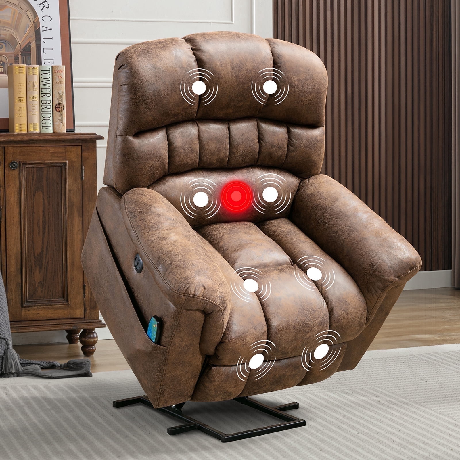 Bonzy Home Power Lift Chair Recliner for Elderly, Suede Fabric Heavy Duty Electric Lift Recliner with Massage,For tall men, Brown