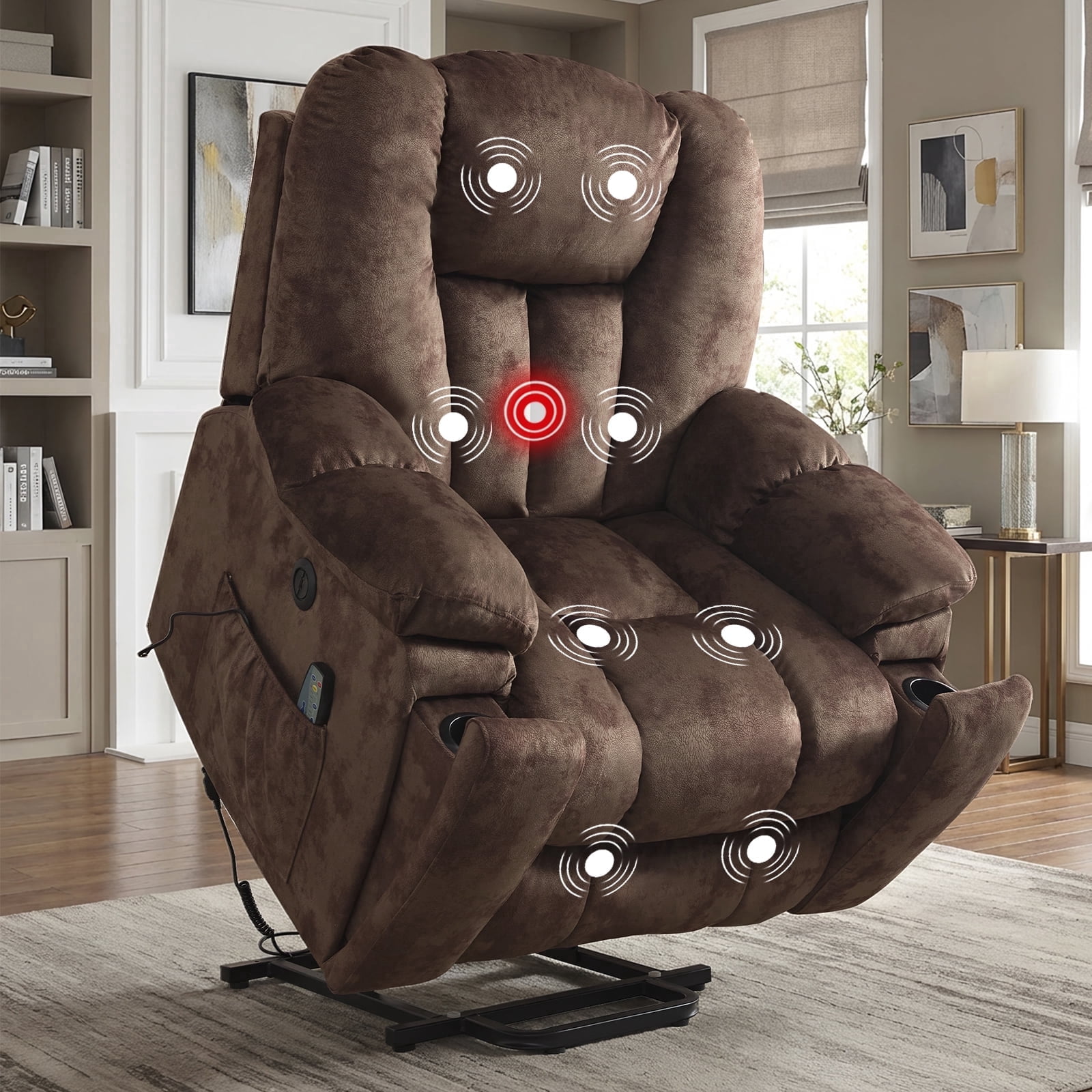 Ebello Large Power Lift Recliner Chair with Heat Massage, USB Ports - Ergonomic Recliner Chair for Elderly, Dark Brown