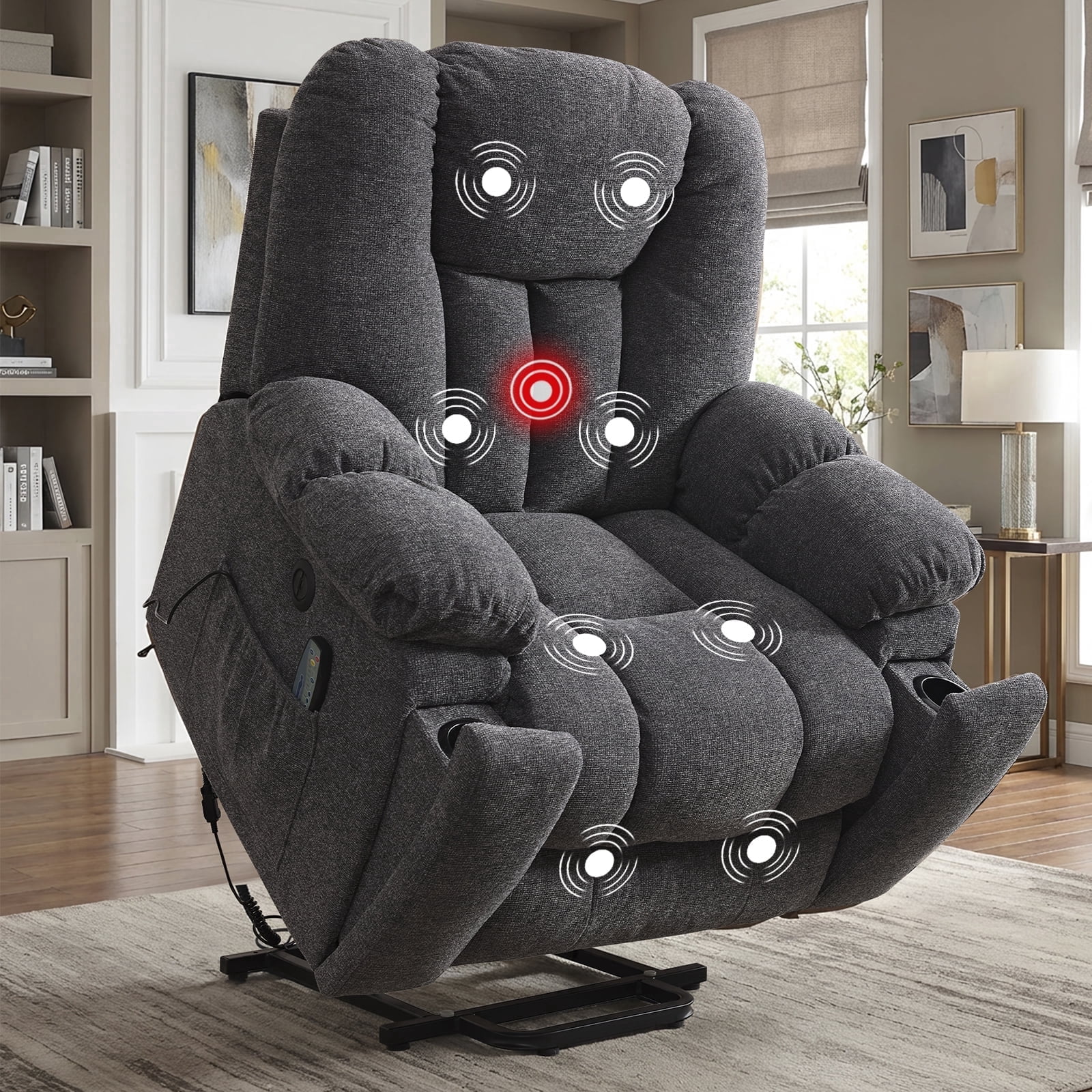 Ebello Large Power Lift Recliner Chair with Heat Massage, USB Ports - Ergonomic Recliner Chair for Elderly, Dark Gray