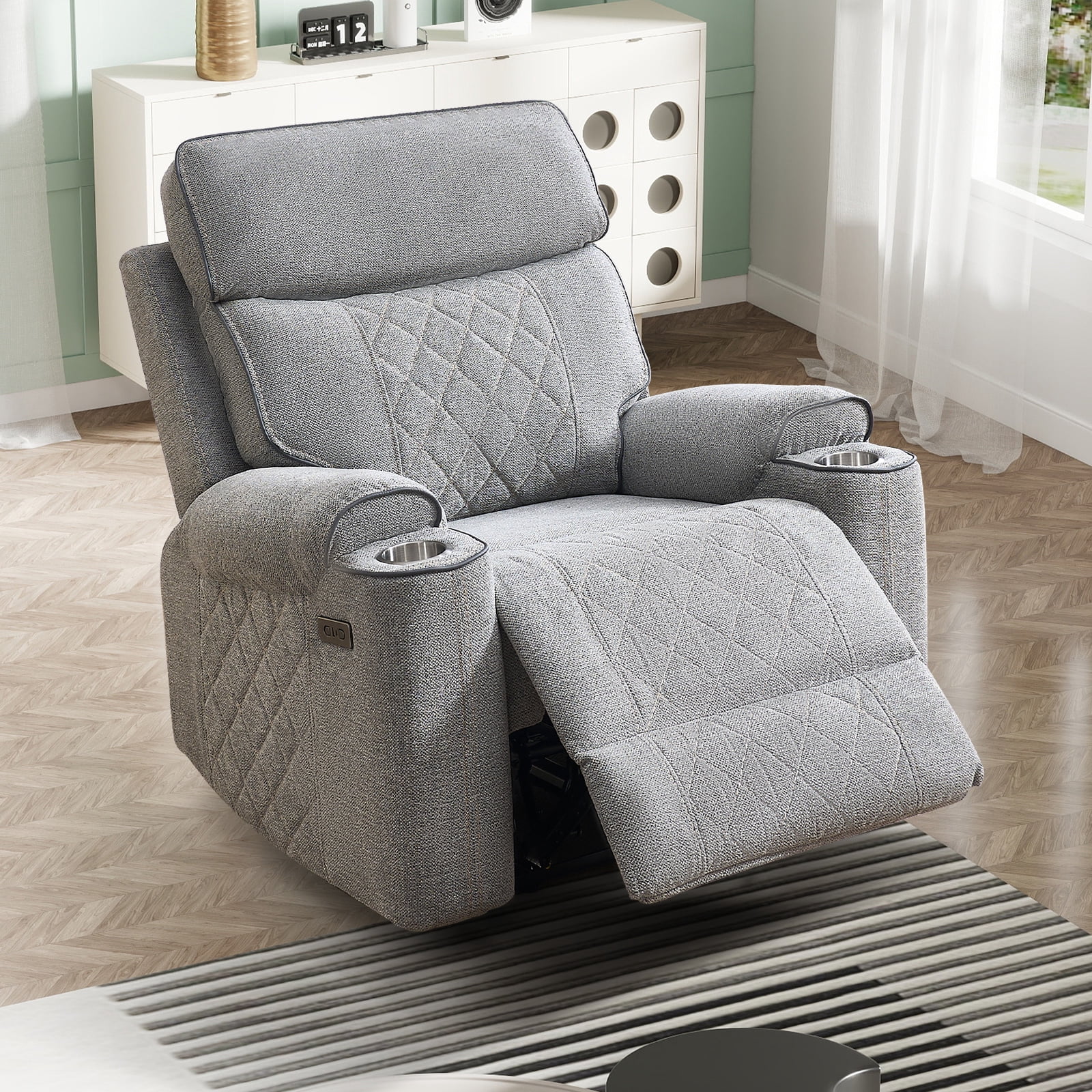 Bonzy Home Power Recliner Chair — Electric Fabric Recliner with Cup Holders & USB-C Charging Ports, Diamond Grid Upholstery, Light Grey