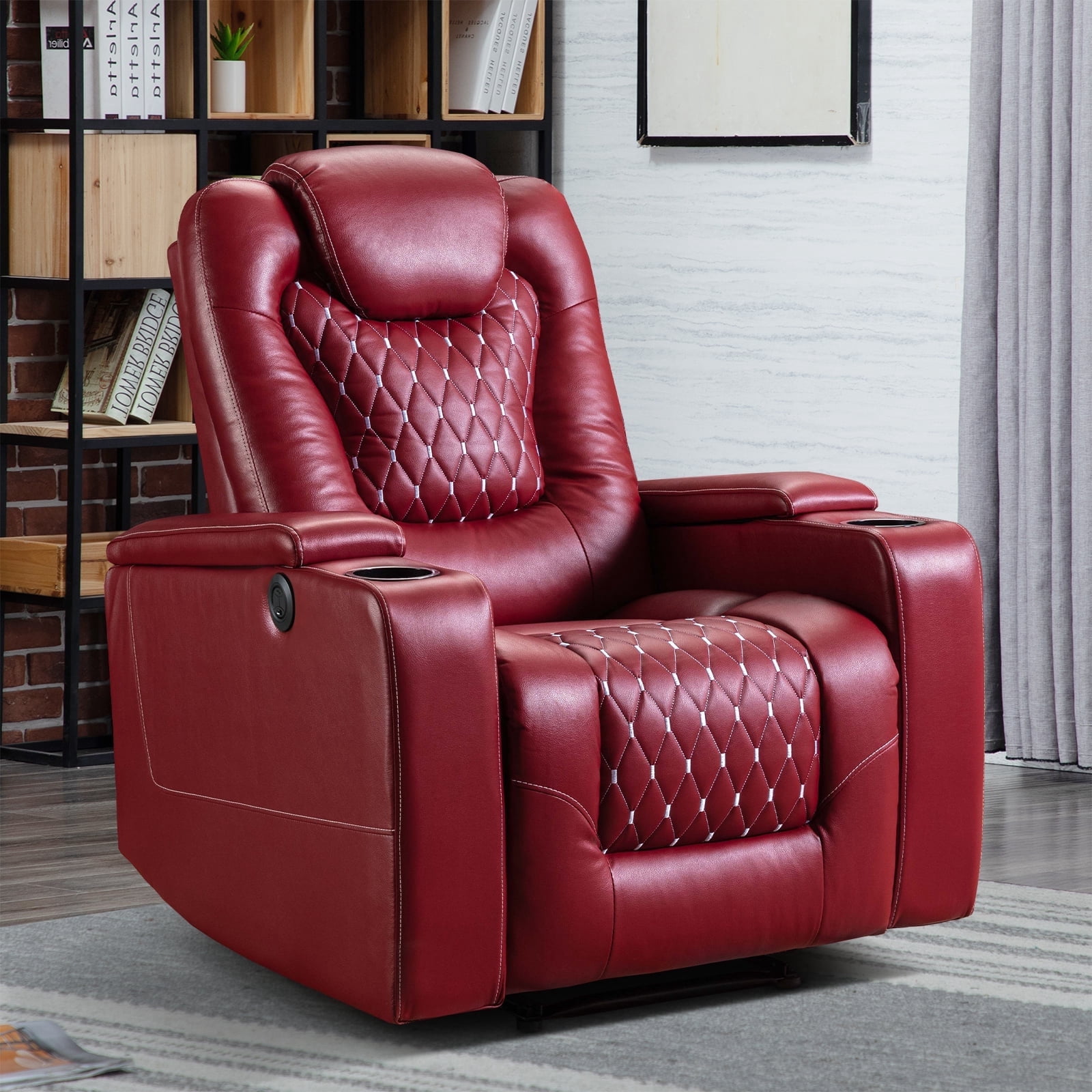 Bonzy Home Power Recliner Chair with USB Ports and Cup Holders - Overstuffed Electric Home Theater Seating PU Leather Reclining Furniture with Hidden Arm Storage - Red