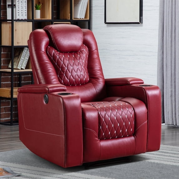 Bonzy Home Power Recliner Chair with USB Ports and Cup Holders - Overstuffed Electric Home Theater Seating PU Leather Reclining Furniture with Hidden Arm Storage - Red