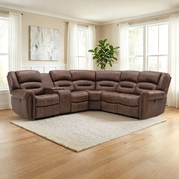 Bonzy Home Power Reclining Sectional Sofa, Suede Fabric Corner Recliner Couch with Console, Hidden Storage, Cup Holders & USB/Type-C Ports, Chocolate