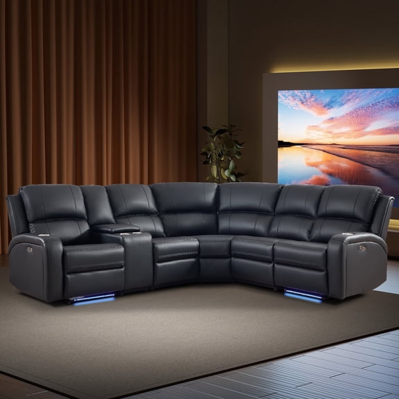 Bonzy Home L-Shape Faux Leather Power Reclining Sectional Sofa, Dual Recliners with LED Lights, Storage Console and Cup Holders