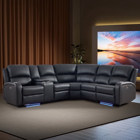 Bonzy Home L-Shape Faux Leather Power Reclining Sectional Sofa, Dual Recliners with LED Lights, Storage Console and Cup Holders