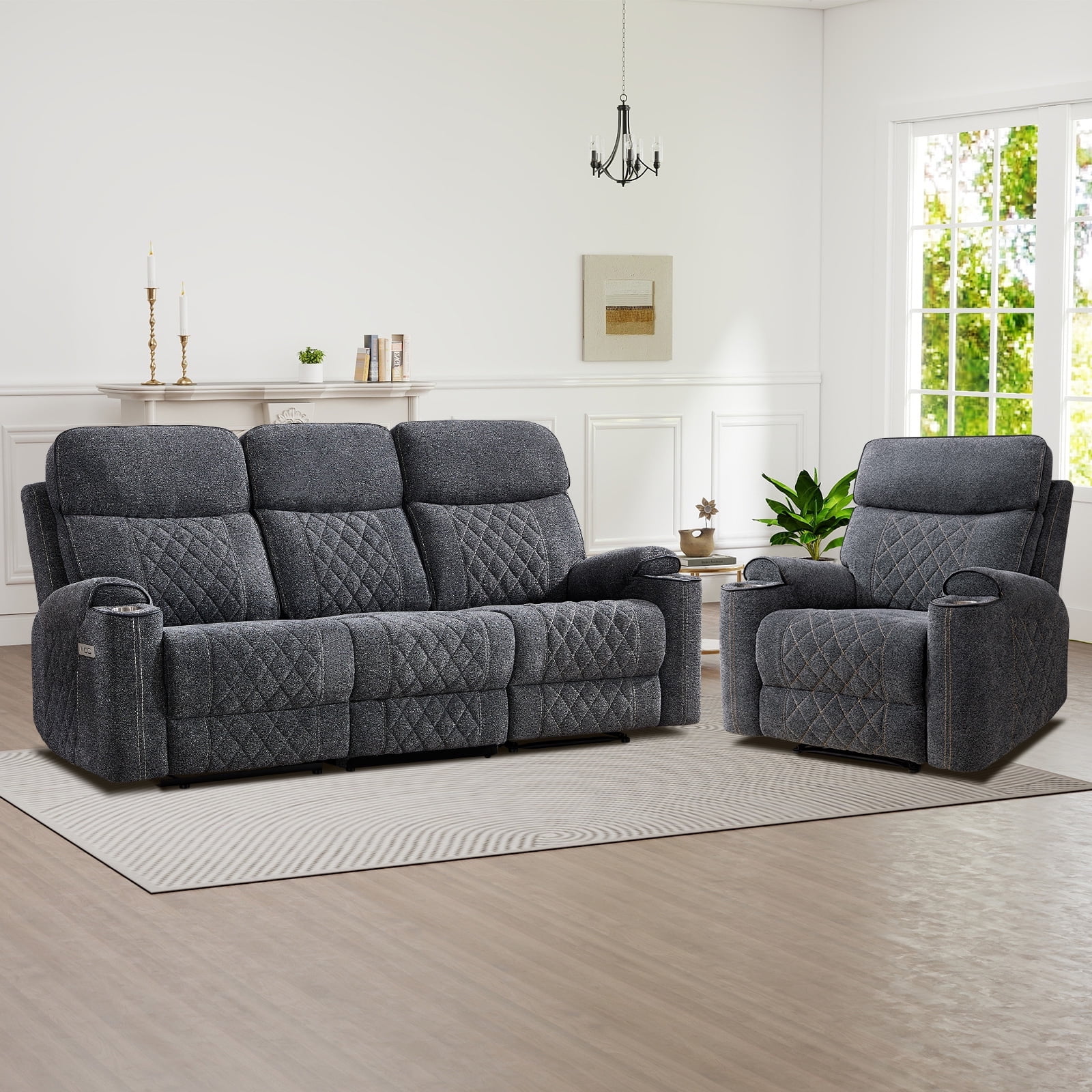 Bonzy Home Power Reclining Sofa Set — Fabric Electric Recliner Chair and 3 Seater Sofa Couch with Cup Holders, USB & Type-C Charging Ports and Hidden Storage, 4 Seats, Grey
