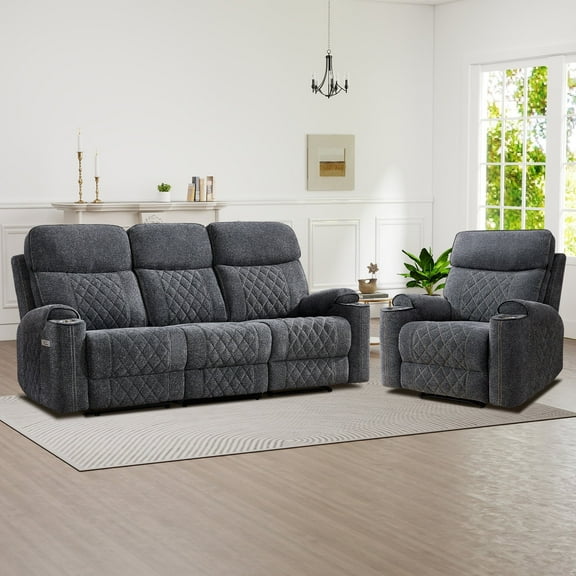 Bonzy Home Power Reclining Sofa Set — Fabric Electric Recliner Chair and 3 Seater Sofa Couch with Cup Holders, USB & Type-C Charging Ports and Hidden Storage, 4 Seats, Grey