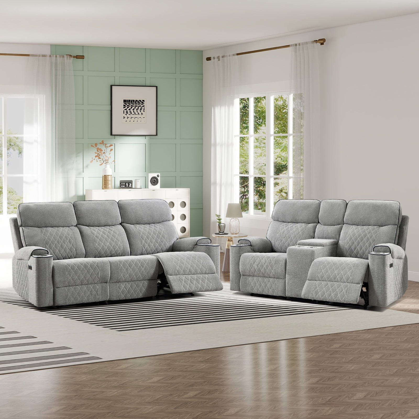 Bonzy Home Power Reclining Sofa Set — Fabric Electric Recliner Loveseat & 3 Seater Sofa Couch with Cup Holders, USB Type-C Charging Ports & Hidden Storage, 5 Seats, Light Grey