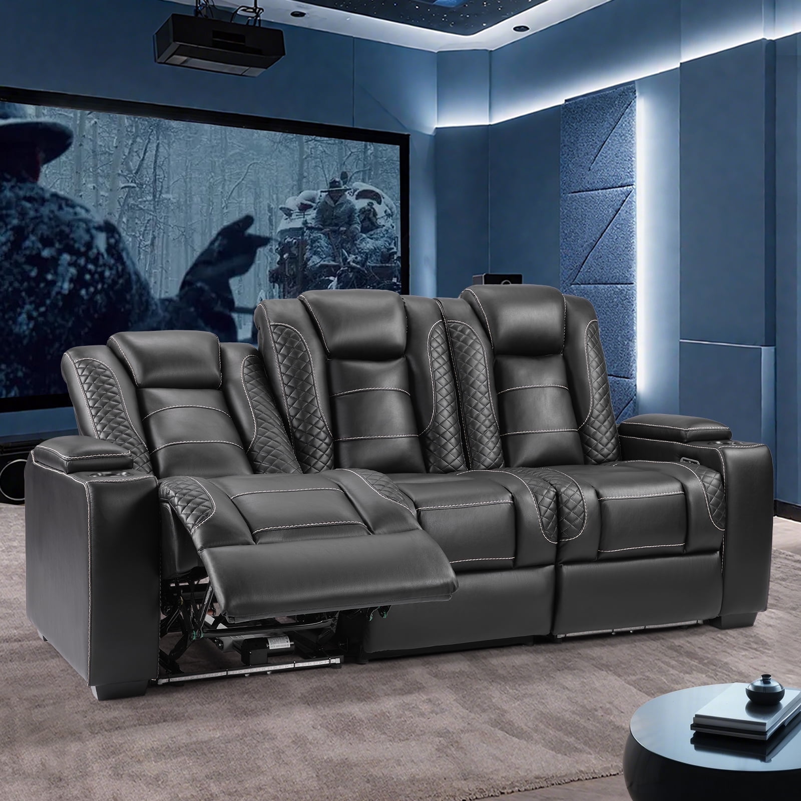 Bonzy Home Power Theater 3-Seat Recliner Sofa — PU Leather Power Recliner with Cup Holders, Hidden Arm Storage, USB Ports, LED Lights & Adjustable Headrests, Black
