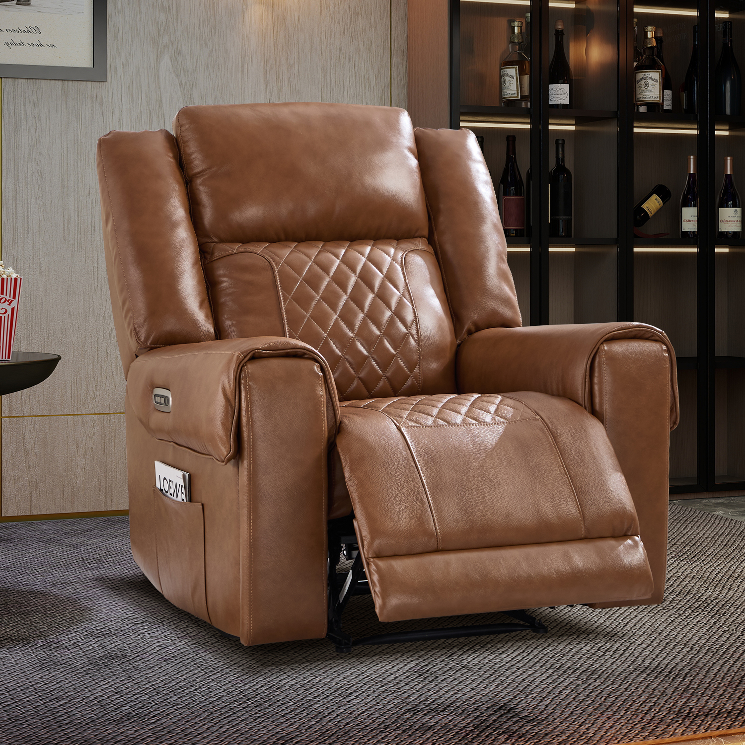 Bonzy Home Premium Genuine Leather Power Recliner Chair, Home Theater Seating with Power Headrest, USB Charging Port, Cup Holders, Oversized Single Reclining Sofa for Living Room, Brown