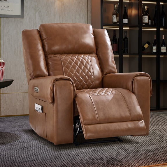 Bonzy Home Premium Genuine Leather Power Recliner Chair, Home Theater Seating with Power Headrest, USB Charging Port, Cup Holders, Oversized Single Reclining Sofa for Living Room, Brown