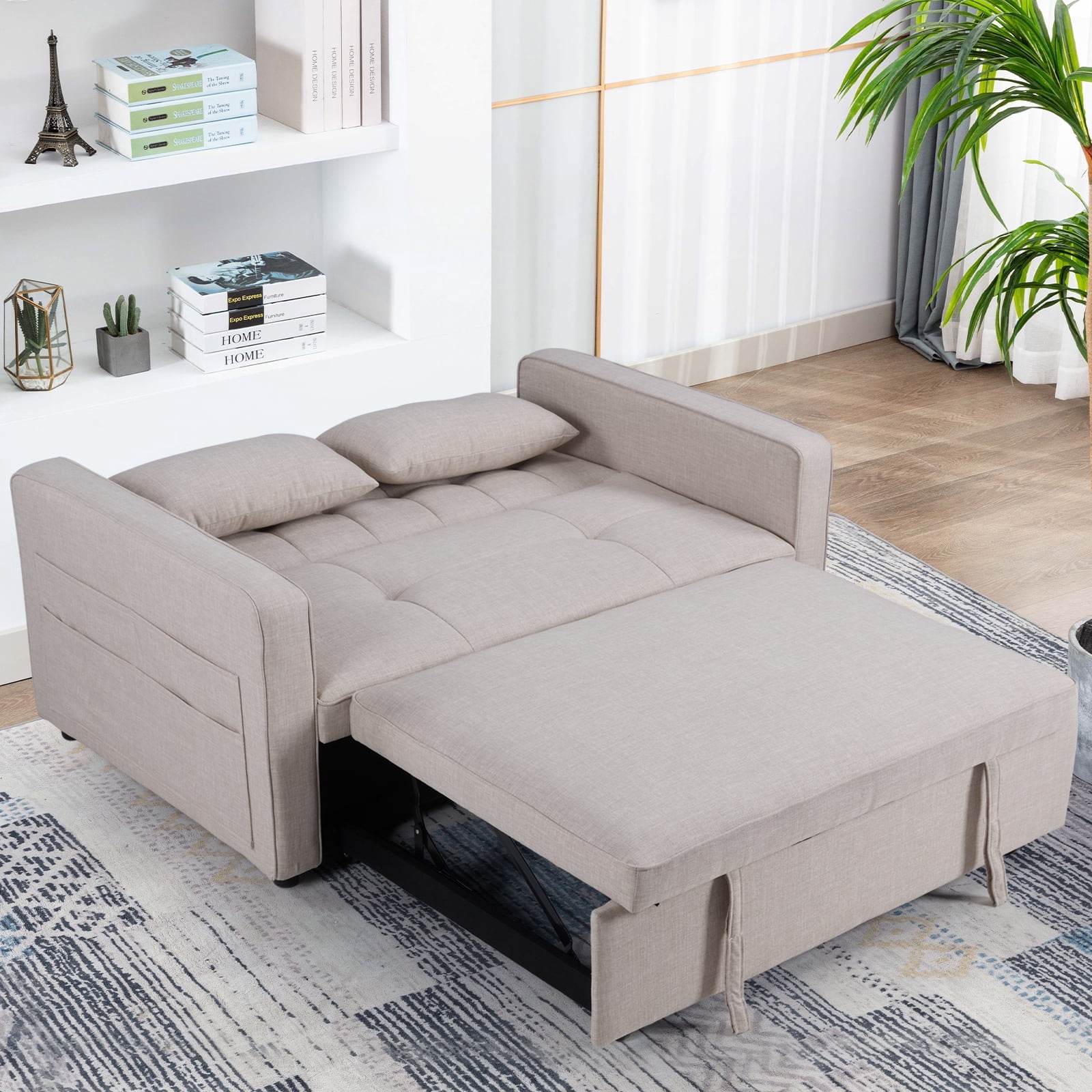 Bonzy Home Pull Out Bed Futon Couch with Reclining Backrest and Side Pocket, Modern Loveseat for Living Room Beige