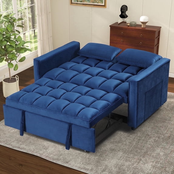 Bonzy Home 55-inch Velvet Convertible Sofa Bed, Pullout Couch with Adjustable Backrest, Blue