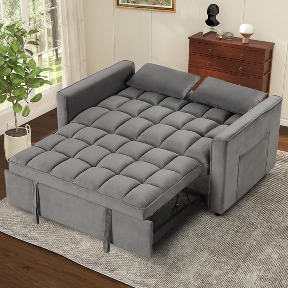 Bonzy Home Pullout Bed Convertible Sofa Bed Versatile Velvet Sofa,55 Inch Couch Adjustable Backrest, Gray