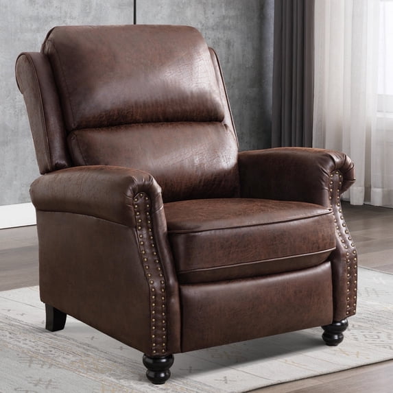 Bonzy Home Pushback Recliner Chair Leather Armchair Push Back Recliner with Nail Head Single Sofa Accent Chair for Living Room, Chestnut