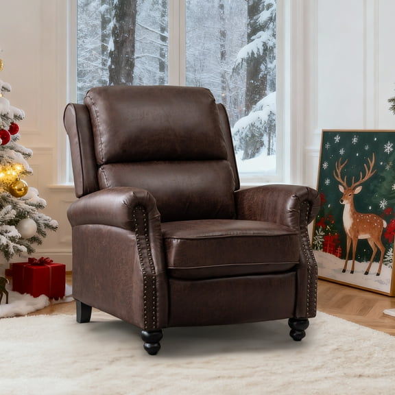 Bonzy Home Faux Leather Pushback Recliner Chair with Nailhead Trim - Vintage Style Push Back Lounge Chair for Bedroom & Living Room 350lbs Capacity ,Reddish Brown