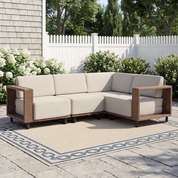 Bonzy Home Outdoor Wicker Sofa Set, Rattan Patio Conversation Sets - 4 Seater L-Shaped Wicker Sofa with Thick Cushions and Corner Seating, Beige