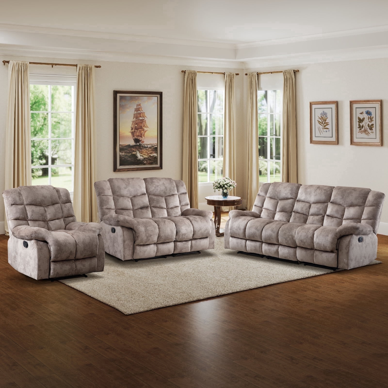 Bonzy Home Manual Reclining Living Room Furniture Set, Adjustable Backrest Chair, Loveseat & 3-Seat Sofa Couch for Home Interior Use