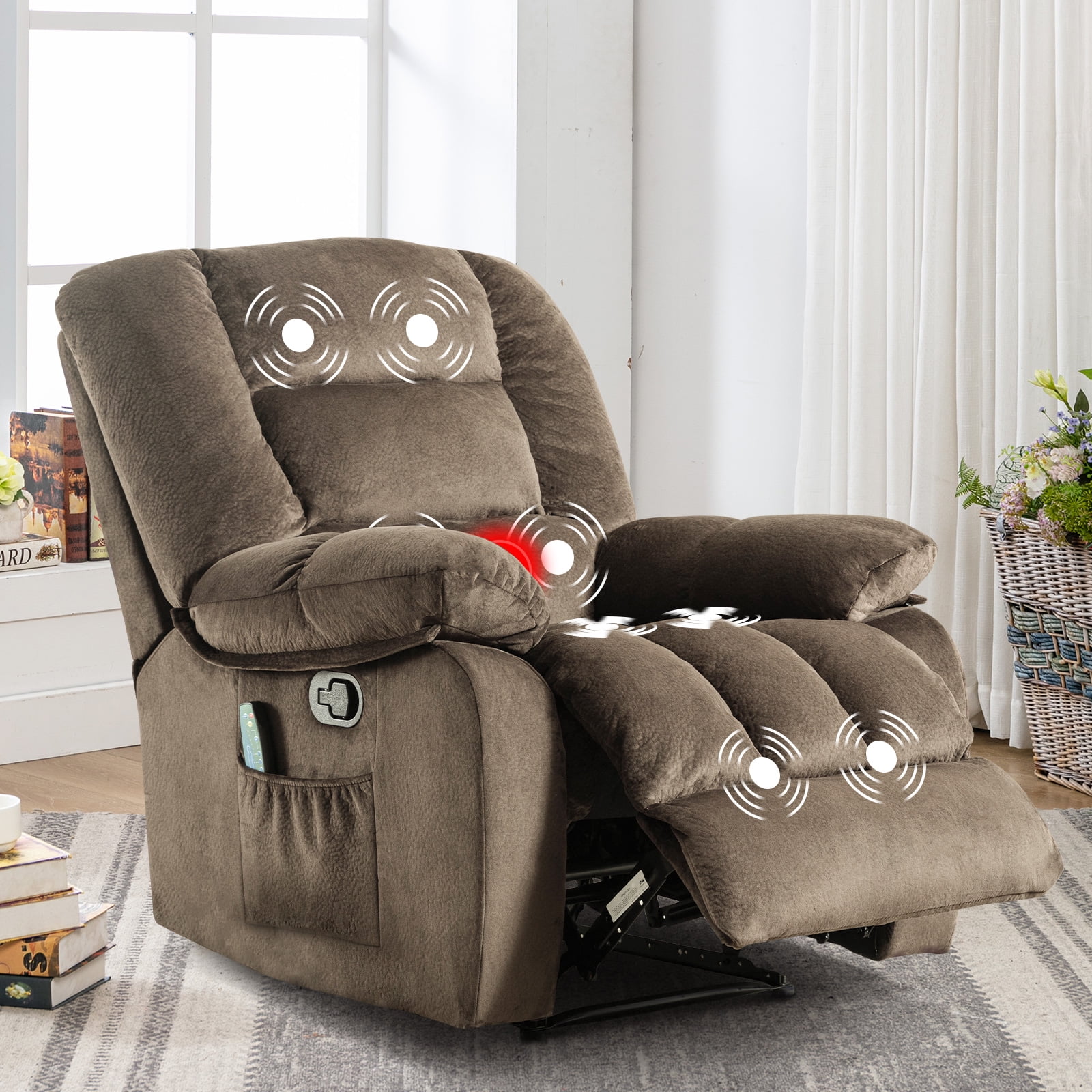 Bonzy Home Massage Swivel Rocker Recliner Chair with Heat and Vibration, 360 Degree Swivel Manual Recliners Fabric Single Sofa Heavy Duty Reclining Chair for Living Room, Camel