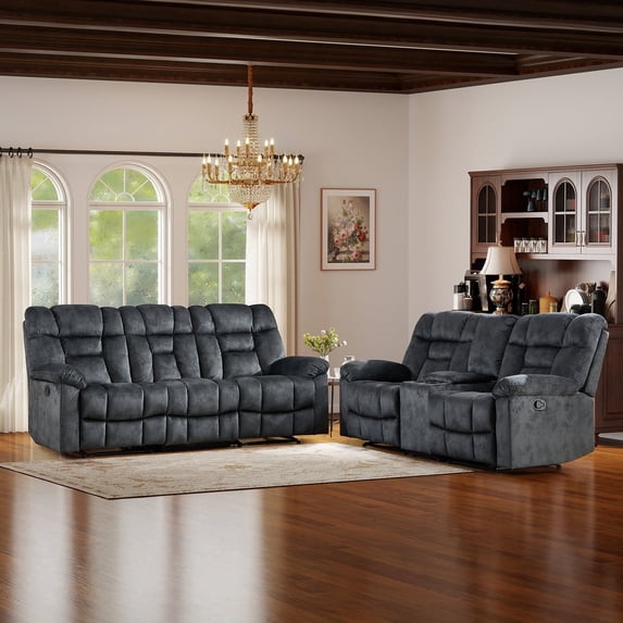 Bonzy Home Recliner Sofa Set — Reclining Loveseat & 3-Seat Sofa with Center Storage, Cup Holders & Wide Backrests, Gray
