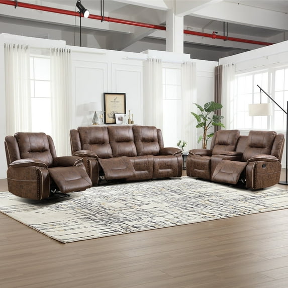 Bonzy Home Recliner Sofa Set — Single Recliner, Loveseat & 3-Seat Sofa with Hidden Storage & Cup Holders, Vintage Rivet Mid-Century, Brown