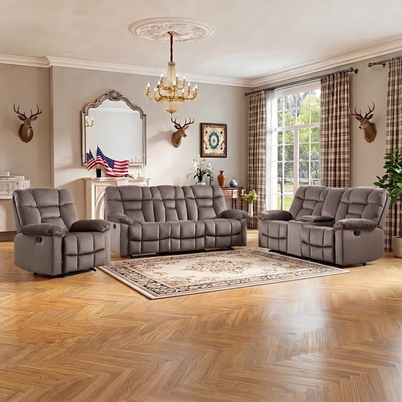 Bonzy Home Recliner Sofa Set — Single Recliner, Loveseat & 3-Seat Sofa with Storage Console & Cup Holders, Brown