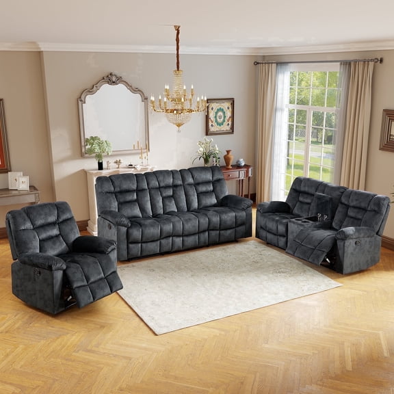 Bonzy Home 3-Piece Recliner Sofa Set, Single Chair, Loveseat & 3-Seat Sofa, Storage Console, Cup Holders, Gray