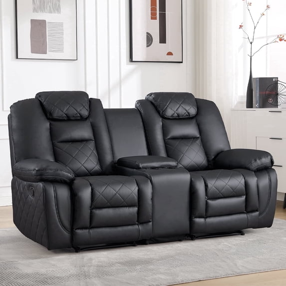 Bonzy Home Manual Recliner Sofa Set with Console & Adjustable Backrest, Theater Seating Living Room Furniture Set, with Cup Holders and Hidden Arm Storage, Black