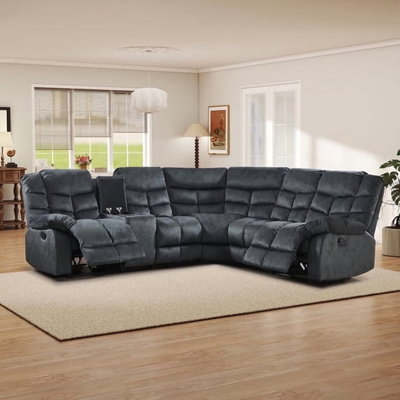 Bonzy Home Complete Living Room Furniture Set Reclining Chair Sofa with Center Console, Hidden Storage & Cup Holders 5‑Seat Couch for Living Room & Meeting Room Gray