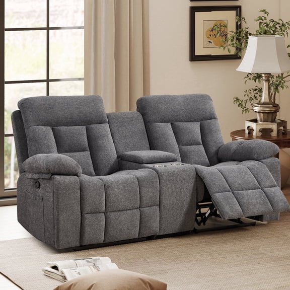 Bonzy Home Reclining Loveseat 2-Seat Manual Recliner Sofa with Hidden Armrest Cup Holders, Breathable Fabric, Gray
