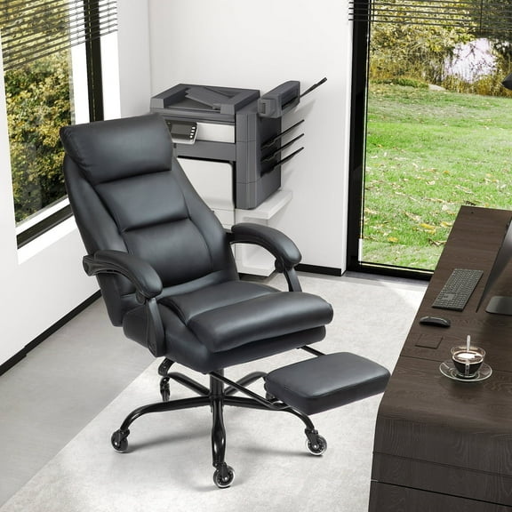 Bonzy Home Reclining Office Chair with Footrest, Ergonomic High Back Executive Chair, Adjustable Height, Lumbar Pillow, PU Leather, Quiet Wheels, Black
