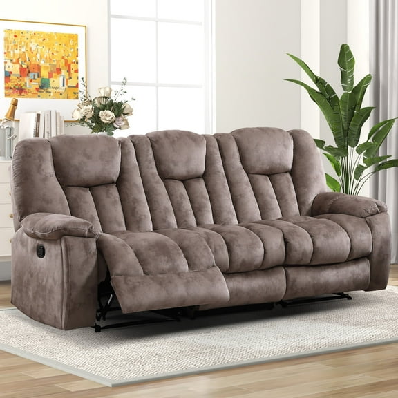 Bonzy Home Extra Wide 3-Seat Manual Reclining Sofa with Hidden Cup Holders, Soft Fabric and Padded Seat, Brown