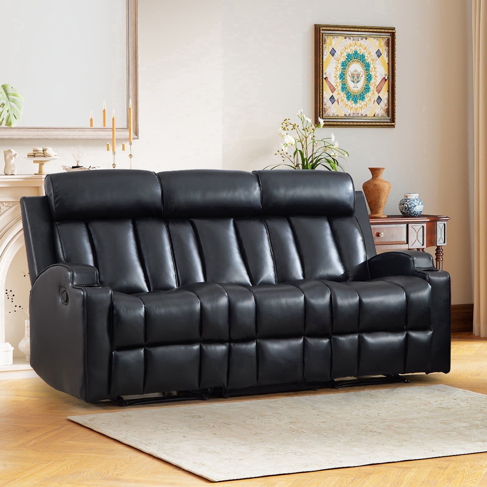 Ebello Manual Recliner Sofa, PU Leather Overstuffed 3-Seat Reclining Couch with Cup Holders for Living Room & Home Theater, Black