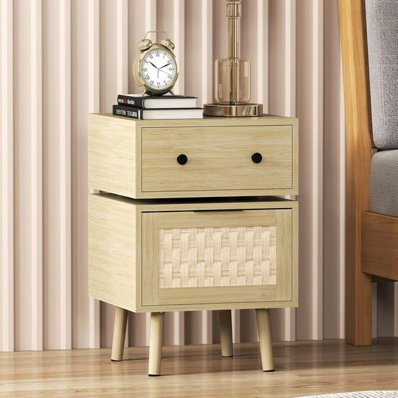 Bonzy Home Rotating Nightstand with Woven Doors, 23" Tall Modern End Table with Swivel Function for Bedroom or Living Room
