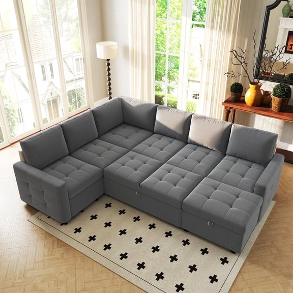 Bonzy Home Sectional Sleeper Sofa Bed with Storage, U-Shaped Modular Sectional Couch with Pull-Out Bed for Living Room, Gray