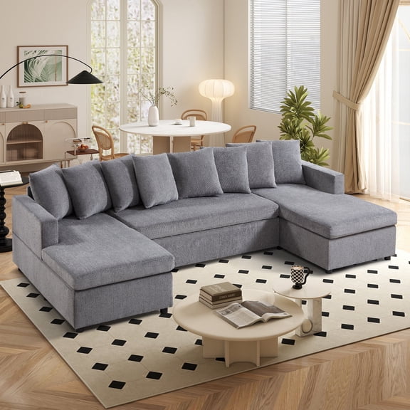 Bonzy Home Modular U-Shaped Sectional Sofa, Breathable Fabric Convertible Couch with 8 Free Back Pillows, Elevated Armrests & Thick Cushions for Living Room (Gray)