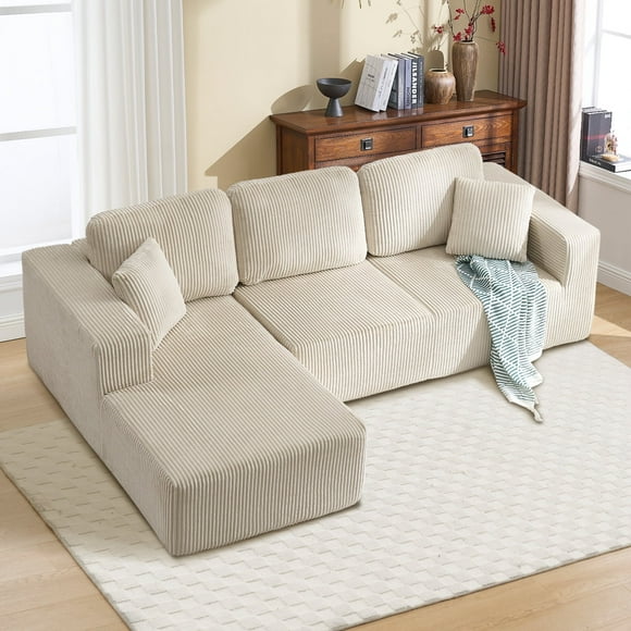 Bonzy Home Sectional Sofa with L-Shape Chaise 111 inch Length,Modern Modular Sofa Upholstered Couch Corduroy Fabric for Living Room Bedroom Beige